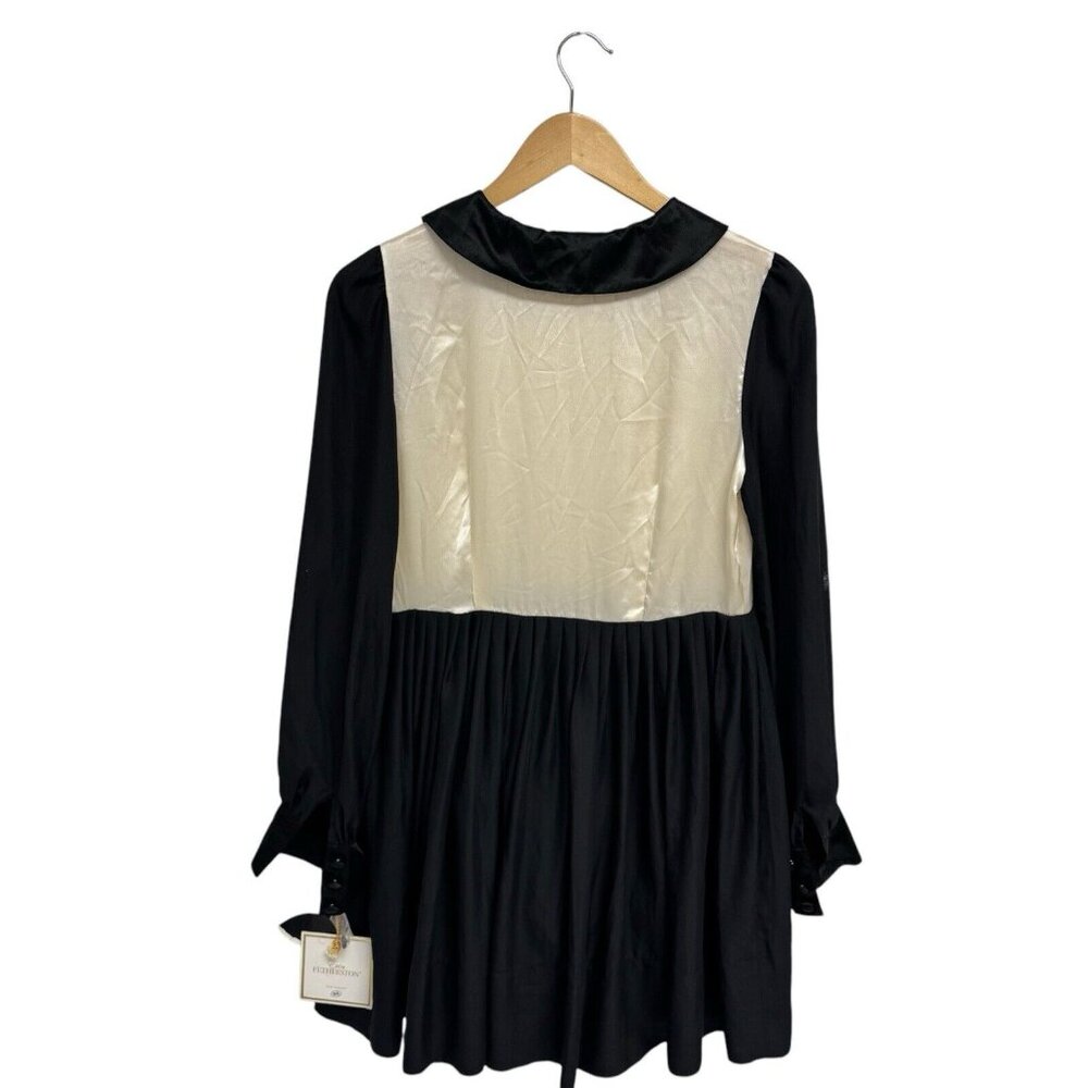 Erin Fetherston Juniors Silk Dress Long Sleeve Button Collar beige black size 5 - Picture 4 of 10